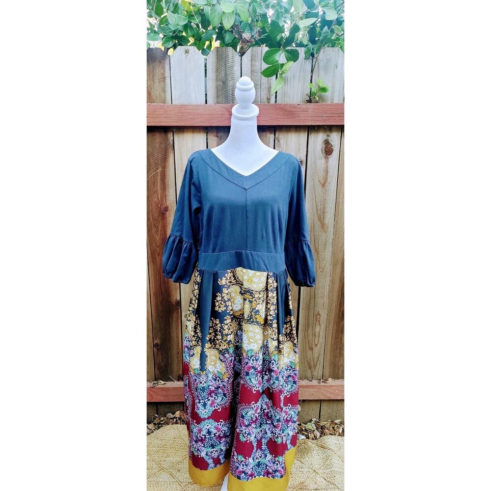 eShakti Boho Floral Dress Neck Midi Puff Sleeve Fit Flare Bell Sleeves Pockets - Picture 2 of 4